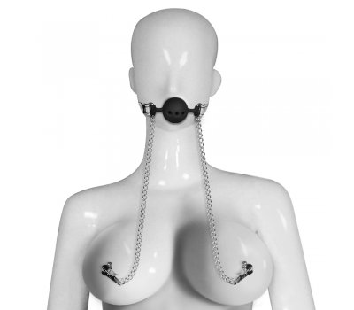 Черный кляп с зажимами для сосков Breathable Ball Gag Черный кляп с зажимами для сосков Breathable Ball Gag