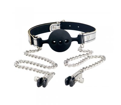 Черный кляп с зажимами для сосков Breathable Ball Gag Черный кляп с зажимами для сосков Breathable Ball Gag