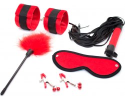 Черно-красный БДСМ набор из пяти предметов: зажимы, маска, плеть, тиклер, наручники