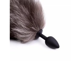 Силиконовая анальная пробка с серо-белым натуральным хвостиком М, Ø 3,2 см-foto3