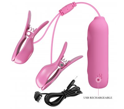 Перезаряжаемые зажимы на соски с вибрацией и электростимуляцией Pretty Love Nipple Clip